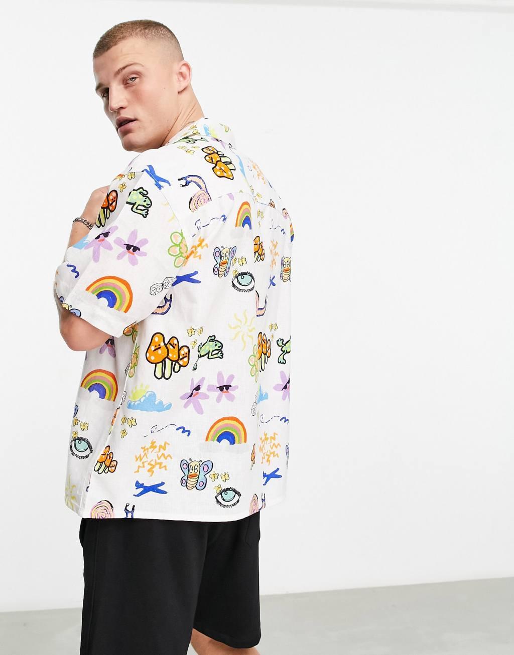 ASOS DESIGN boxy oversized revere linen mix shirt in doodle print Product Image