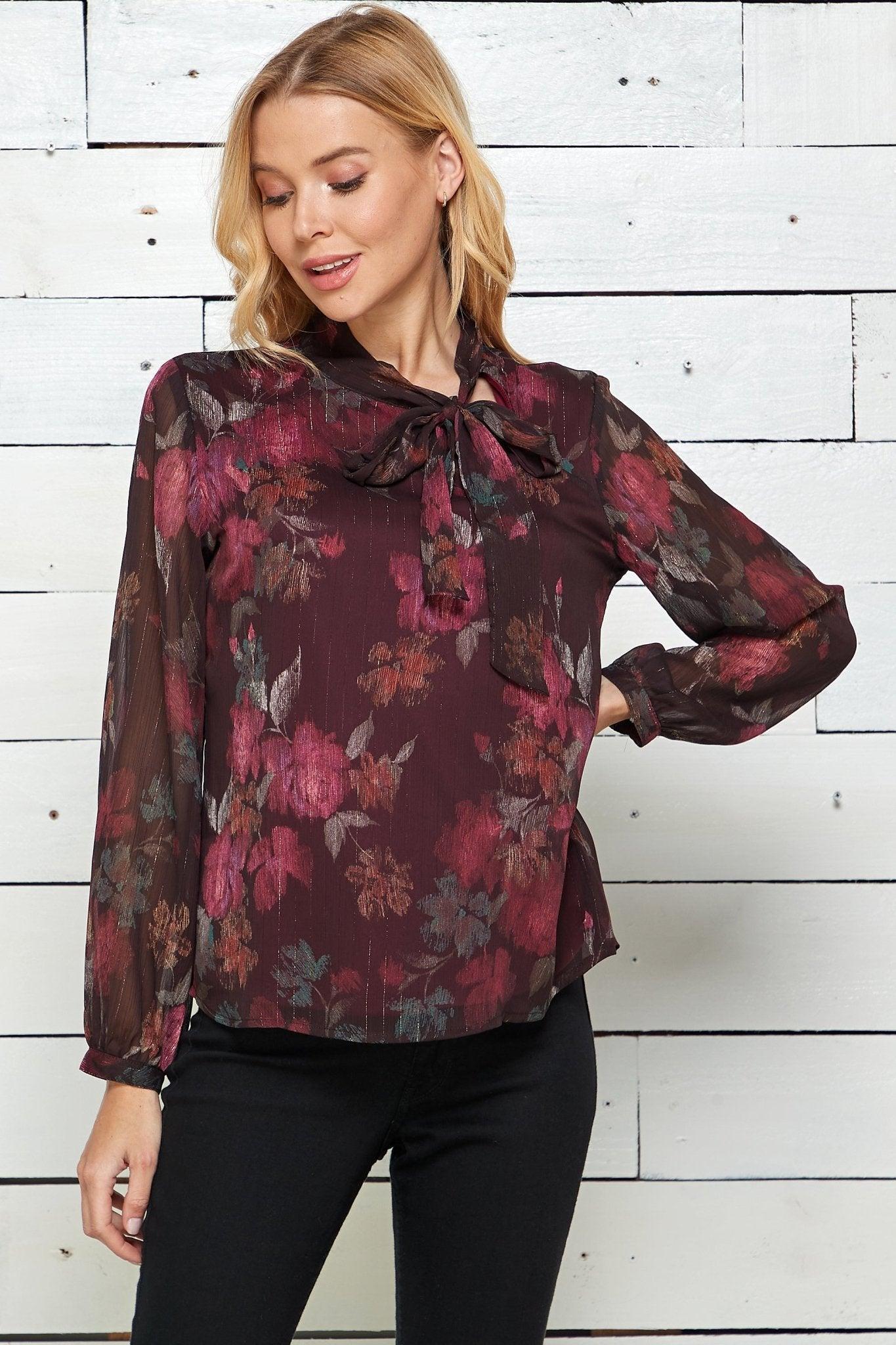 Sara Michelle Long Sleeve Side Tie Neck Blouse Product Image