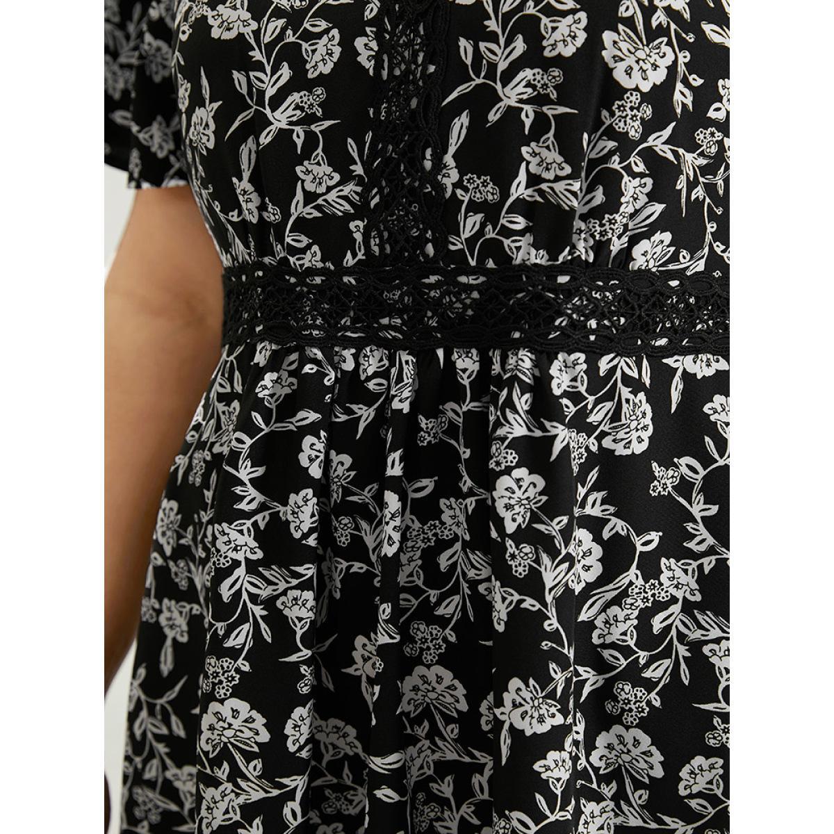 Plus Size Silhouette Floral Print V Neck Ruffles Lace Panel Dress BlackFlower Women Elegant Printed V-neck Short sleeve Curvy Midi Dress BloomChic 10/M Product Image