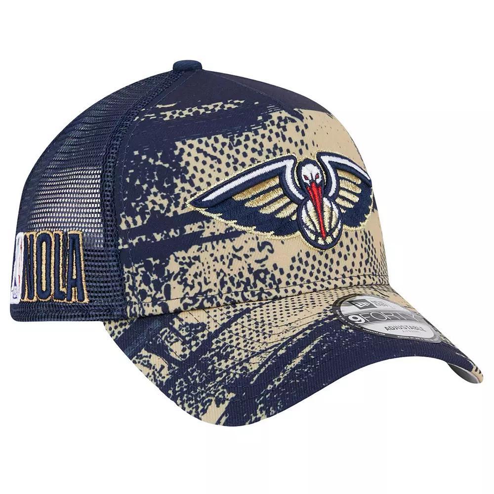 Mens New Era /Gold New Orleans Pelicans Tip Off A-Frame Trucker 9FORTY Adjustable Hat, Blue Product Image