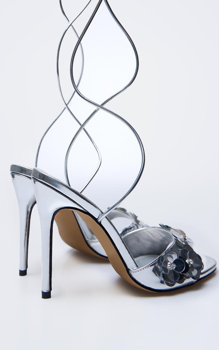 Silver PU Round Toe Sequin Flower Lace Up Heeled Sandals Product Image