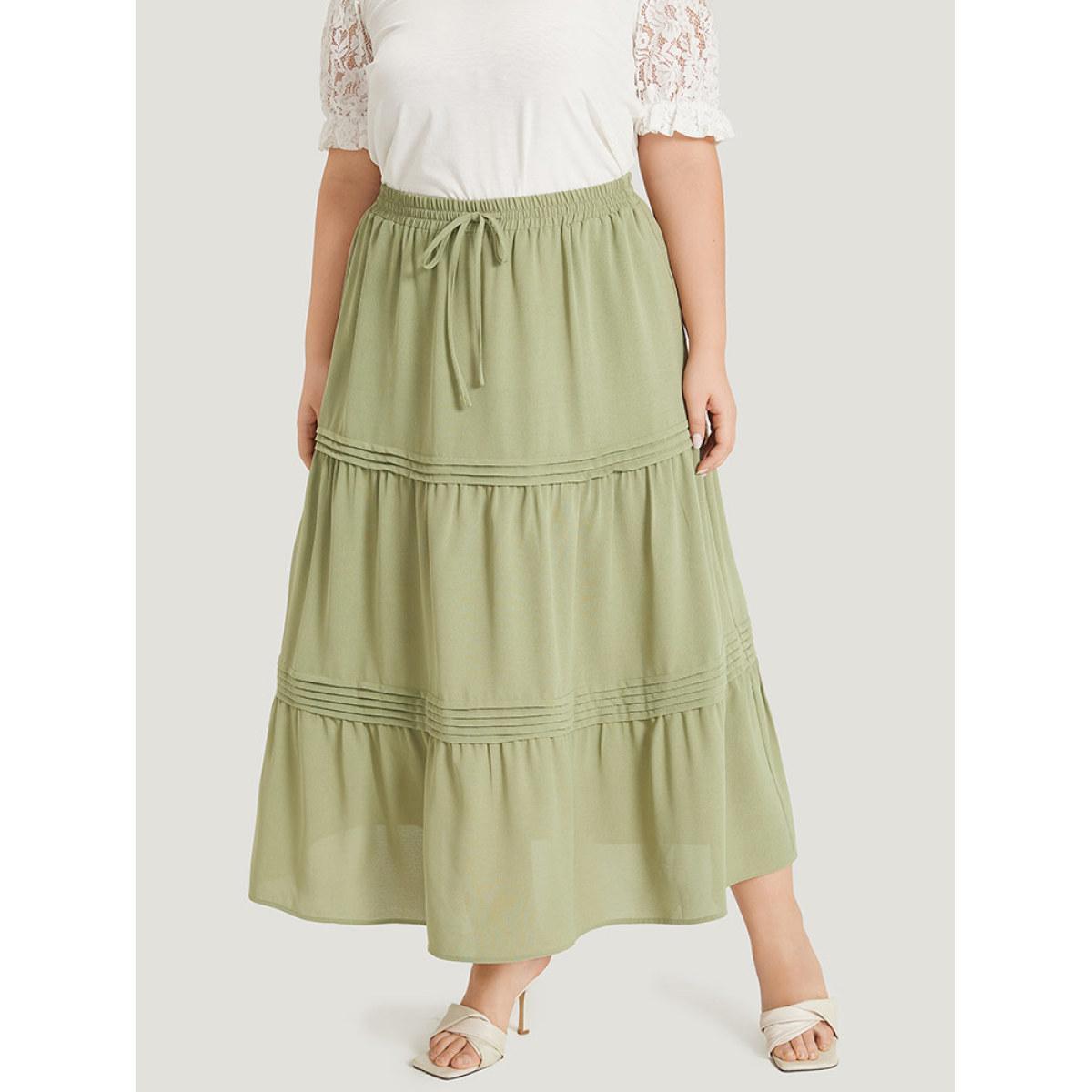 Plus Size Plain Drawstring Pocket Ruffle Layered Hem Skirt Women Sage Elegant Plain No stretch Pocket Dailywear Skirts BloomChic 26/4X Product Image