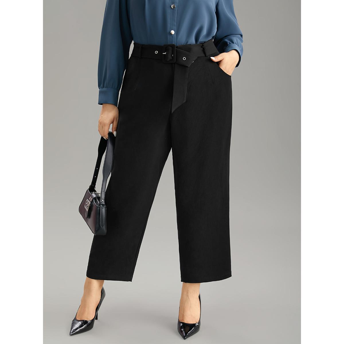 Plus Size Static-Free Buckle Detail Eyelet Pants Women Black Office High Rise Work Pants BloomChic 22-24/3X Product Image
