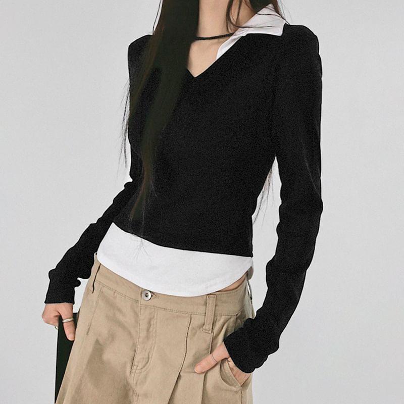 Long Sleeve V-Neck Mock Two Piece Crop Top Product Image