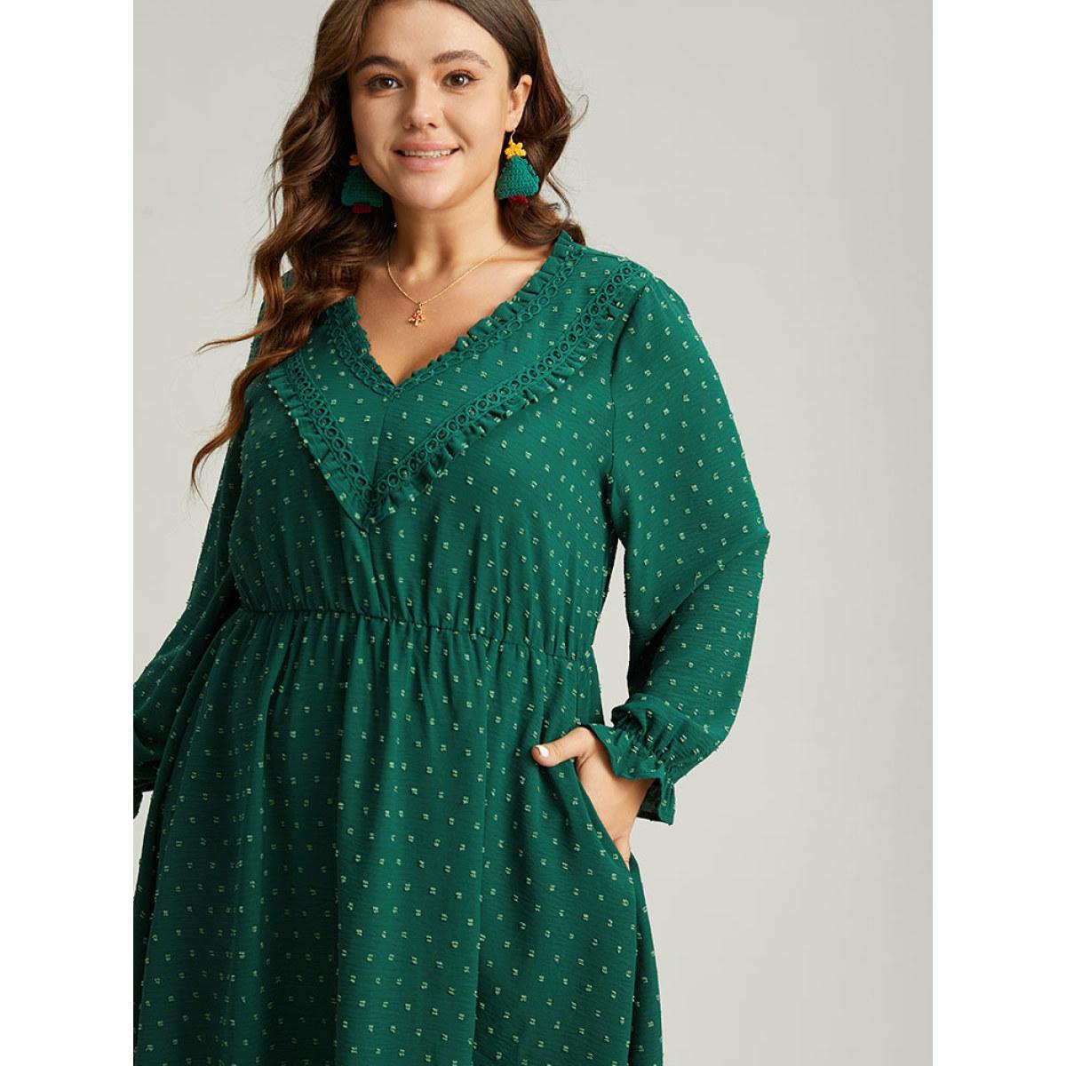 Plus Size Solid Textured V Neck Lantern Sleeve Frill Trim Dress DarkGreen Women Office Texture V-neck Long Sleeve Curvy Midi Dress BloomChic 28/5X Product Image