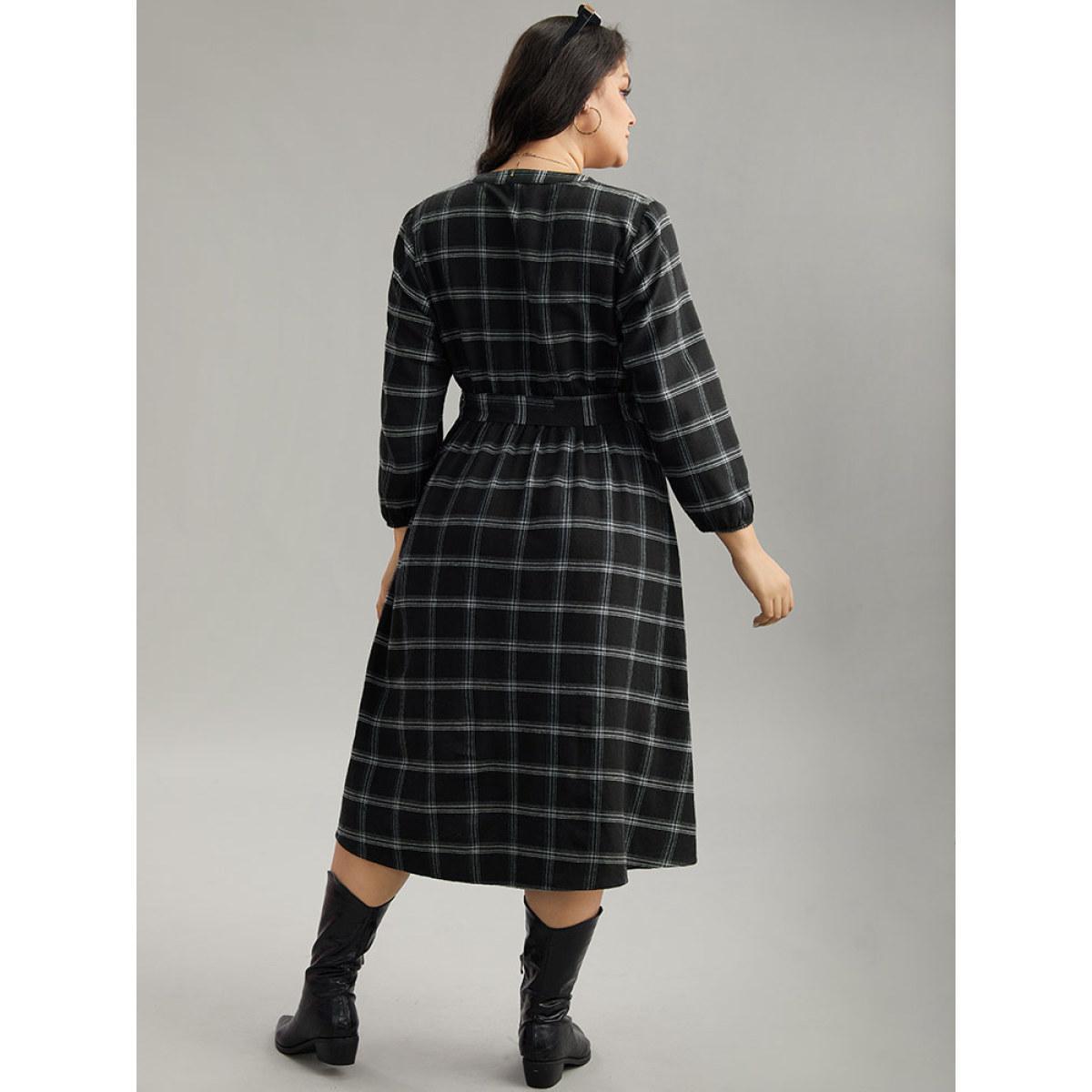 Plus Size Plaid Notched Elastic Waist Belted Dress Black Women Casual Elastic cuffs Notched collar Elbow-length sleeve Curvy Midi Dress BloomChic 12/L Product Image