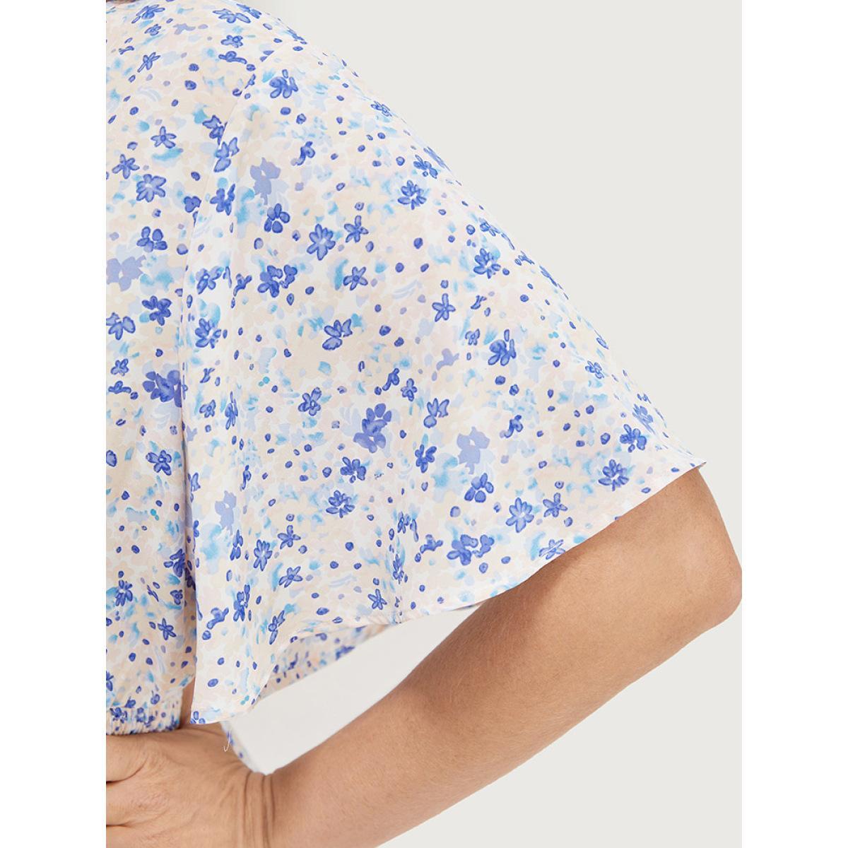 Plus Size MistyRose Ditsy Floral Notched Shirred Flutter Sleeve Blouse Women Elegant Short sleeve Notched collar Dailywear Blouses BloomChic 12/L Product Image