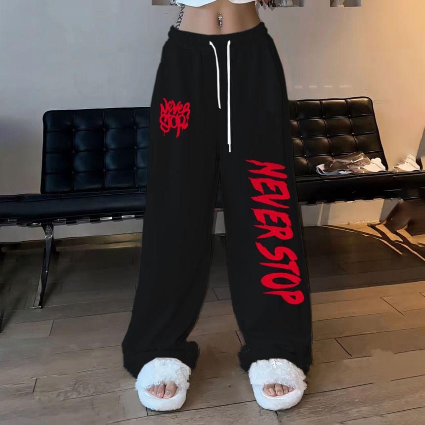 Drawstring Waist Lettering Print Wide Leg Sweatpants Product Image