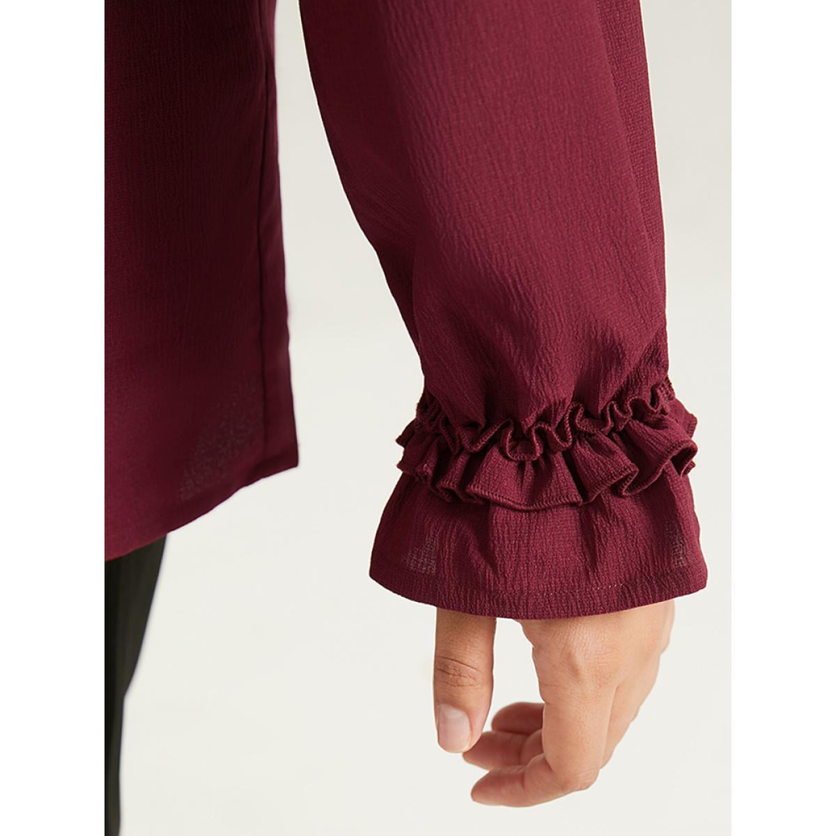 Plus Size Maroon Solid Frill Trim Puff Sleeve Blouse Women Office Long Sleeve Round Neck Work Blouses BloomChic 12/L Product Image