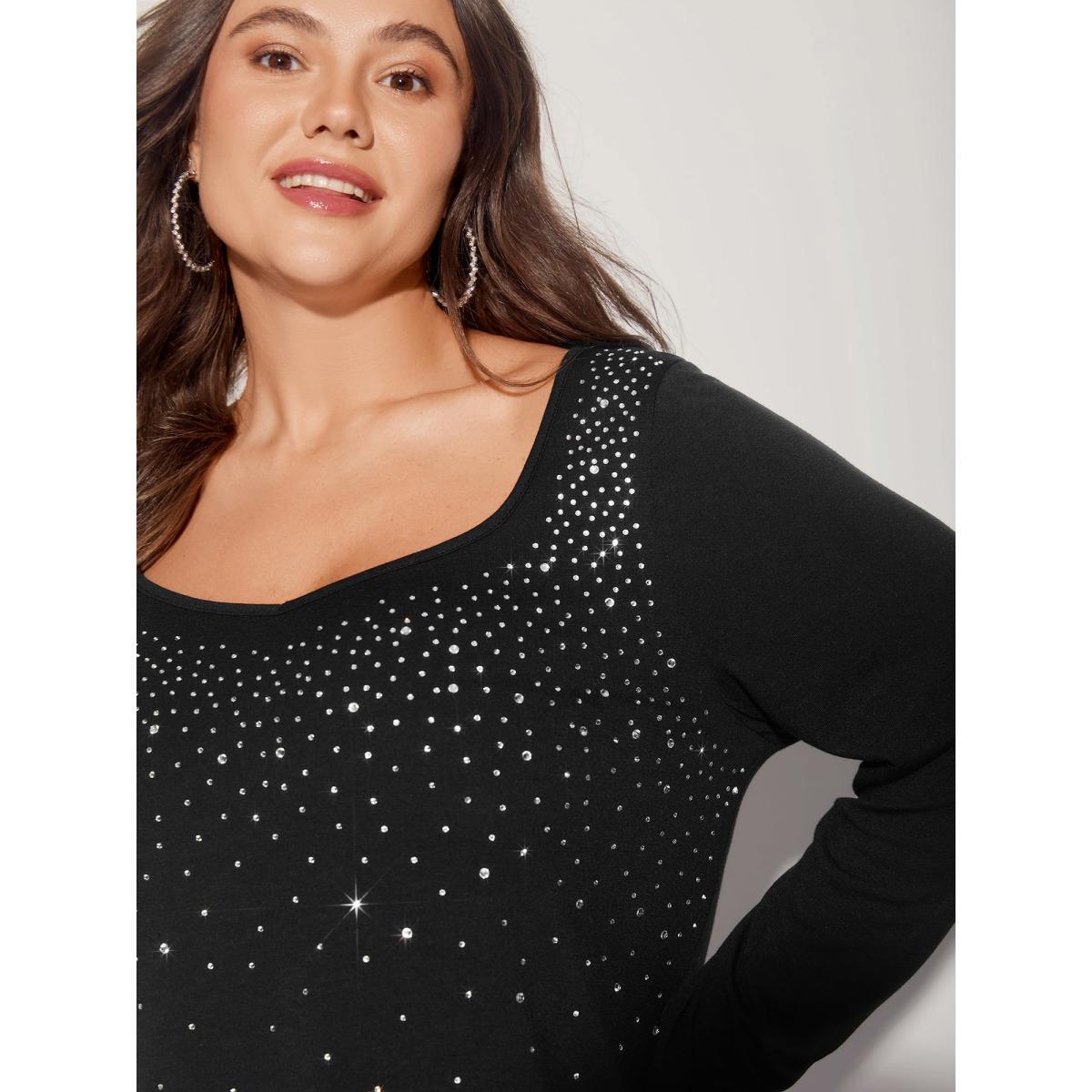 Plus Size Sequin Stretchy Long Sleeve T-shirt Black Women Elegant Rhinestone detailing Heart neckline Everyday T-shirts BloomChic 30/6X Product Image