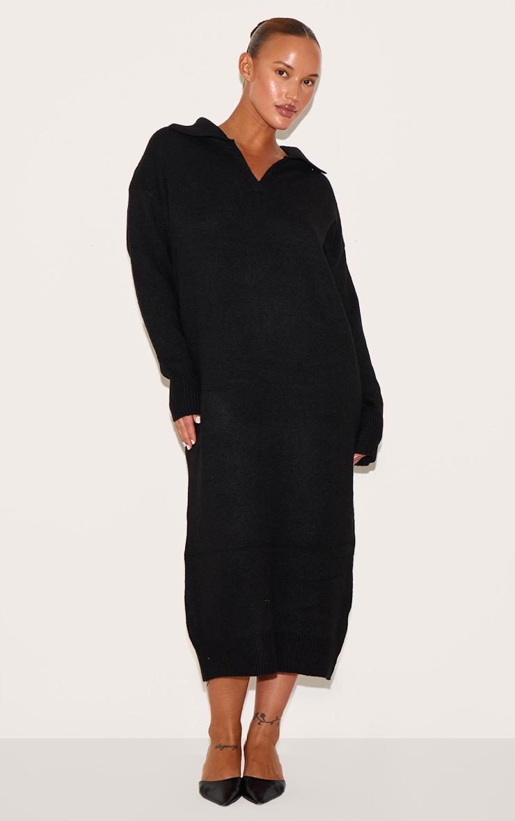 Plus Black Collar Detail Cosy Knitted Midaxi Dress Product Image