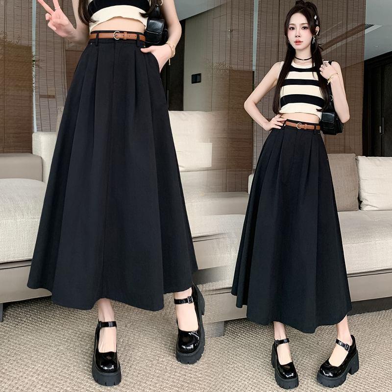 High Rise Plain Midi A-Line Skirt Product Image