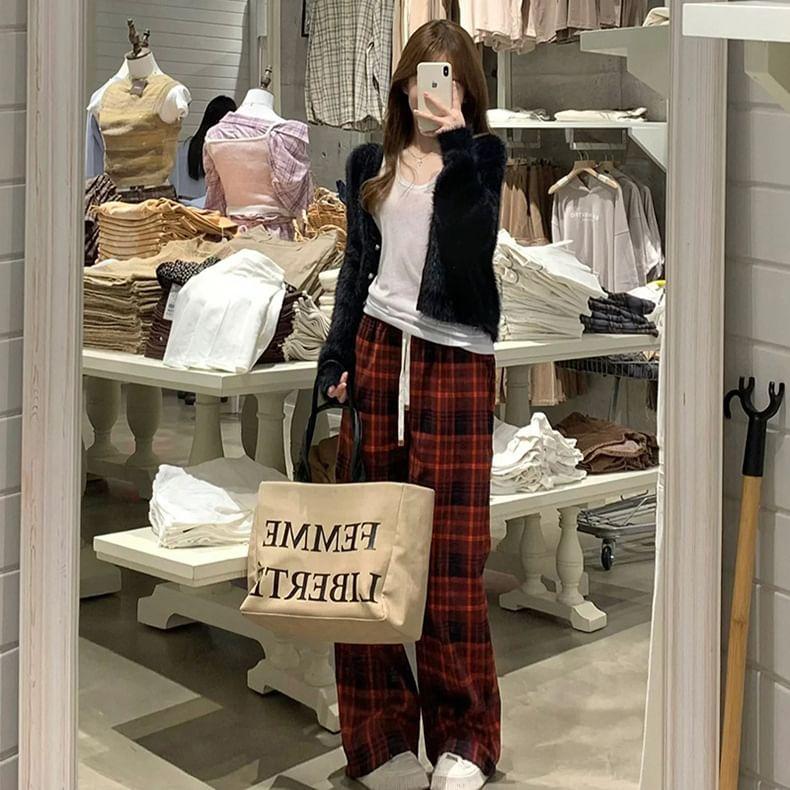 Drawstring Waist Plaid Wide Leg Pants Product Image