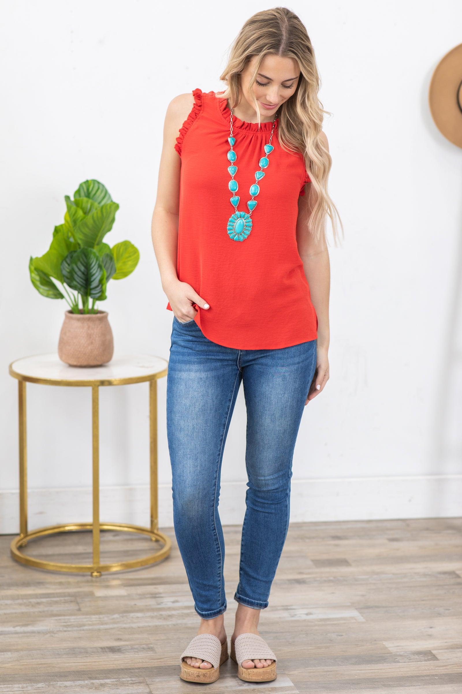 Red Solid Mock Neck With Ruffle Woven Top Product Image