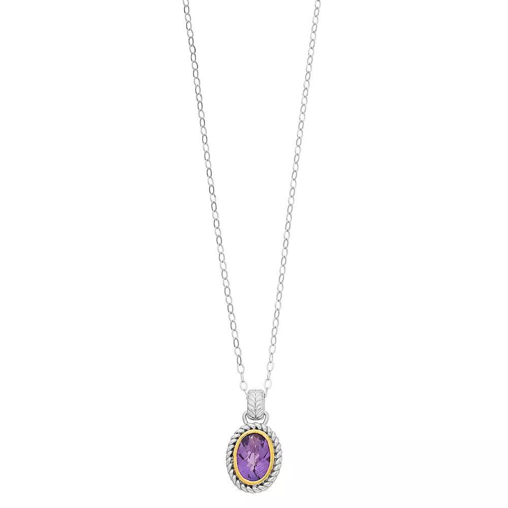 Two Tone Sterling Silver Oval Amethyst Pendant Necklace, Women's, Size: 18" Product Image