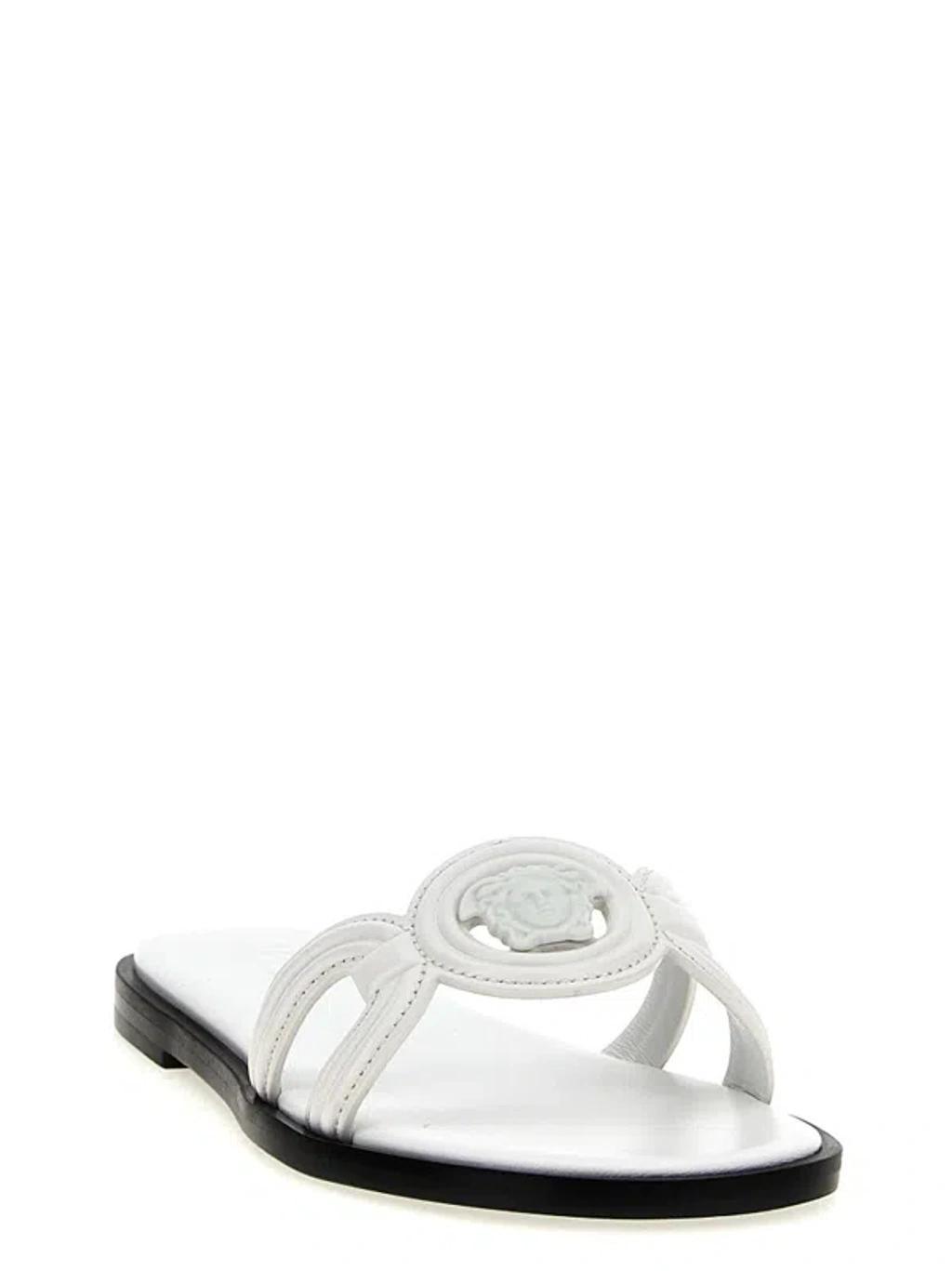 VERSACE Medusa Leather Flat Slide Sandals In White Product Image