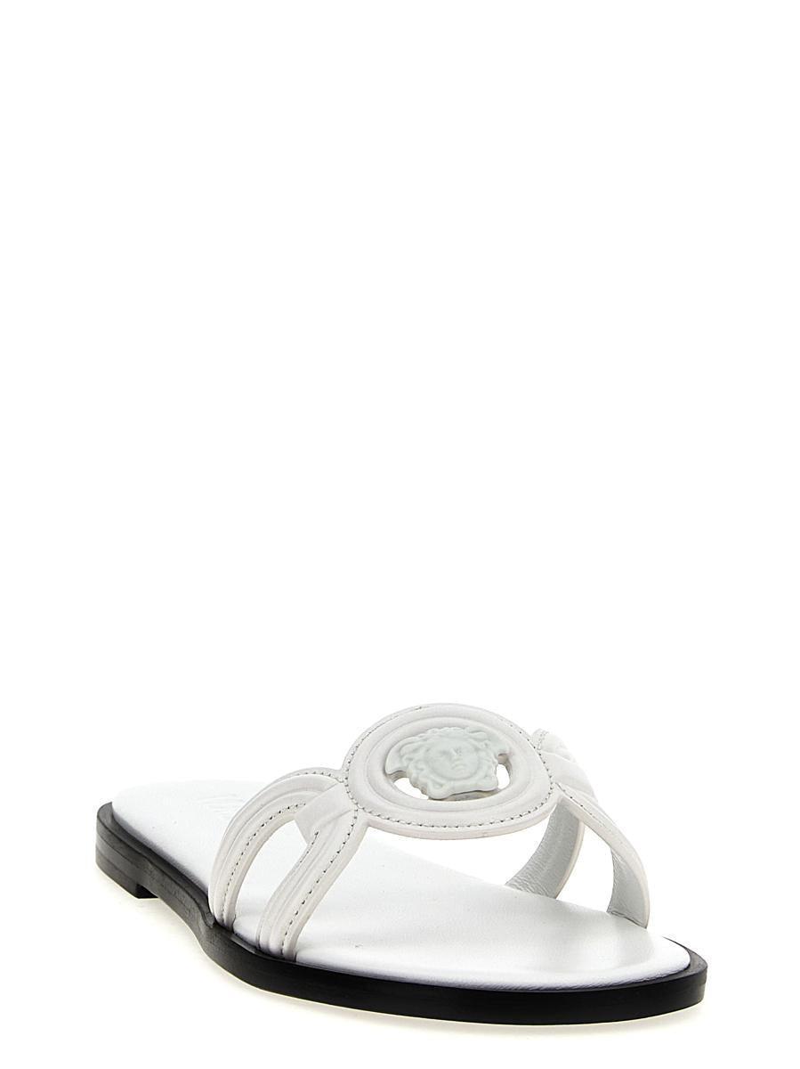 VERSACE Medusa Leather Flat Slide Sandals In White Product Image