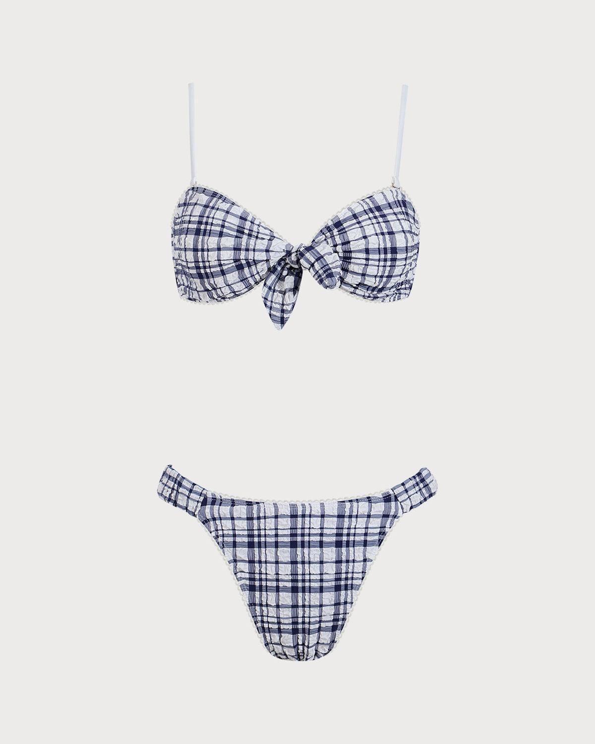 Blue Plaid Tie Front Bikini Set Product Image