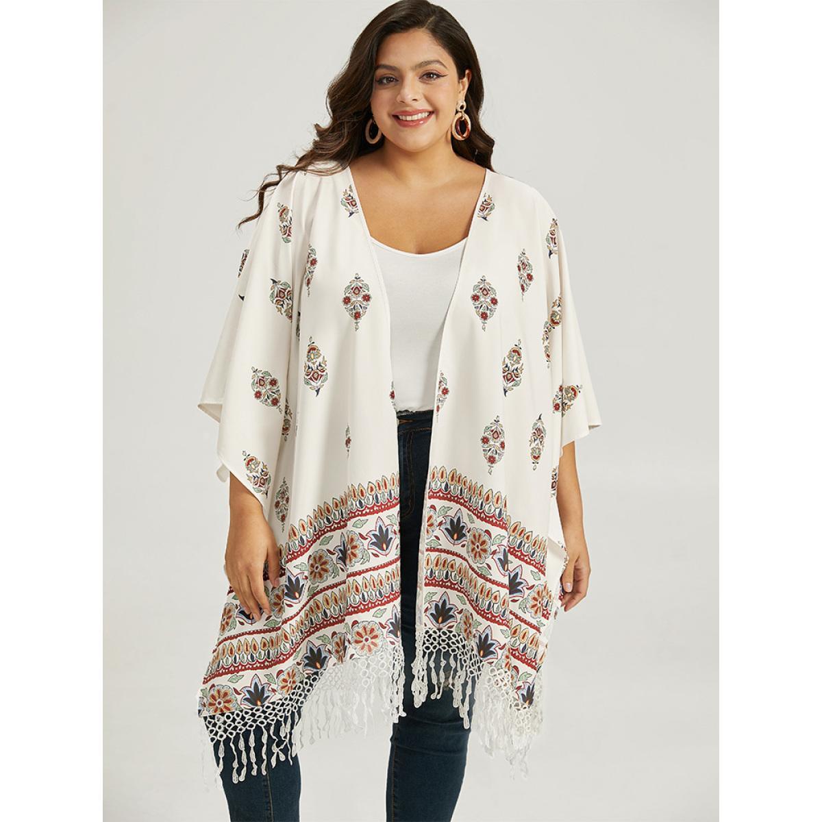Plus Size Boho Print Asymmetrical Hem Tassel Trim Drape Kimono Women Ivory Casual Drape Loose Dailywear Kimonos BloomChic 30/6X Product Image