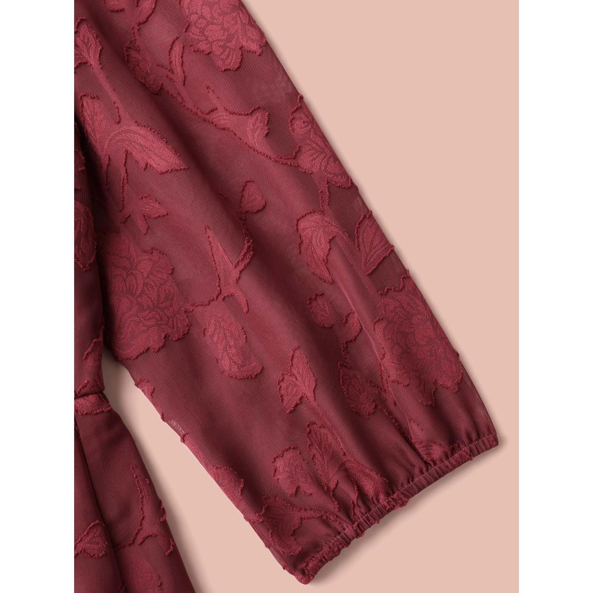 Plus Size Floral Frill Trim Stretchy-Waist Sheer Midi Dress Burgundy Women Elegant Texture Square Neck Elbow-length sleeve Curvy BloomChic 18-20/2X Product Image