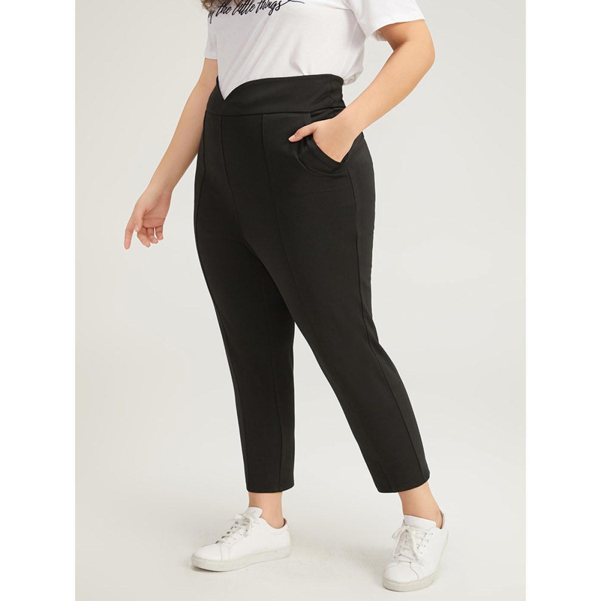 Plus Size Plain Wideband Waist Pocket Scalloped Trim Skinny Leggings Women Black Casual Bodycon High Rise Everyday Pants BloomChic 12/L Product Image