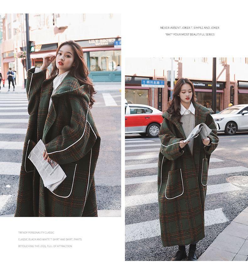 Plaid Contrast Trim Hooded Long Coat Product Image
