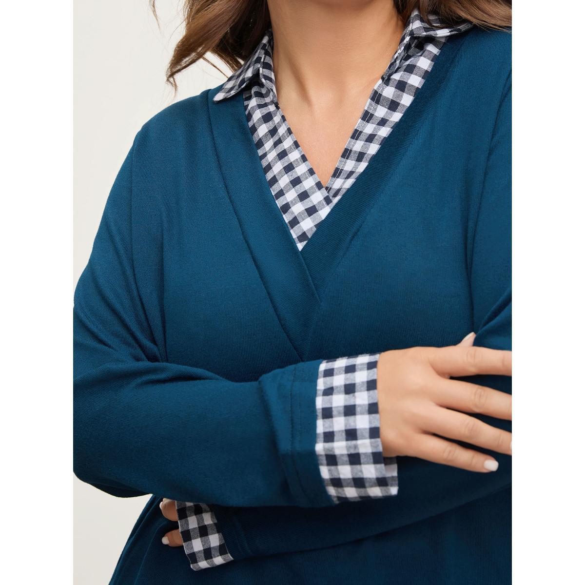 Plus Size Gingham Patchwork Shirt Collar Arc Hem Sweatshirt Women Blue Casual Patchwork V-neck Everyday Sweatshirts BloomChic 14-16/1X Product Image