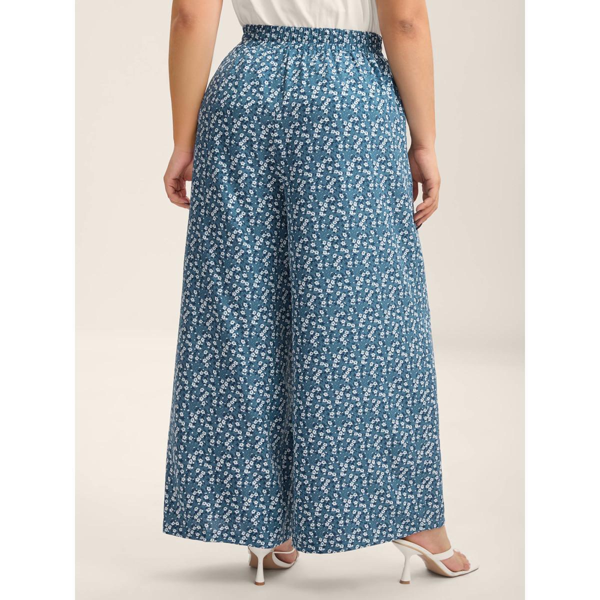 Plus Size Floral Print Belted Wide-Leg Pants Women Mediumblue Elegant Wide Leg Mid Rise Everyday-Elegant Pants BloomChic 26/4X Product Image