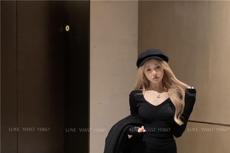 Long-Sleeve V-Neck Plain Maxi Mermaid Dress / Jacket Product Image