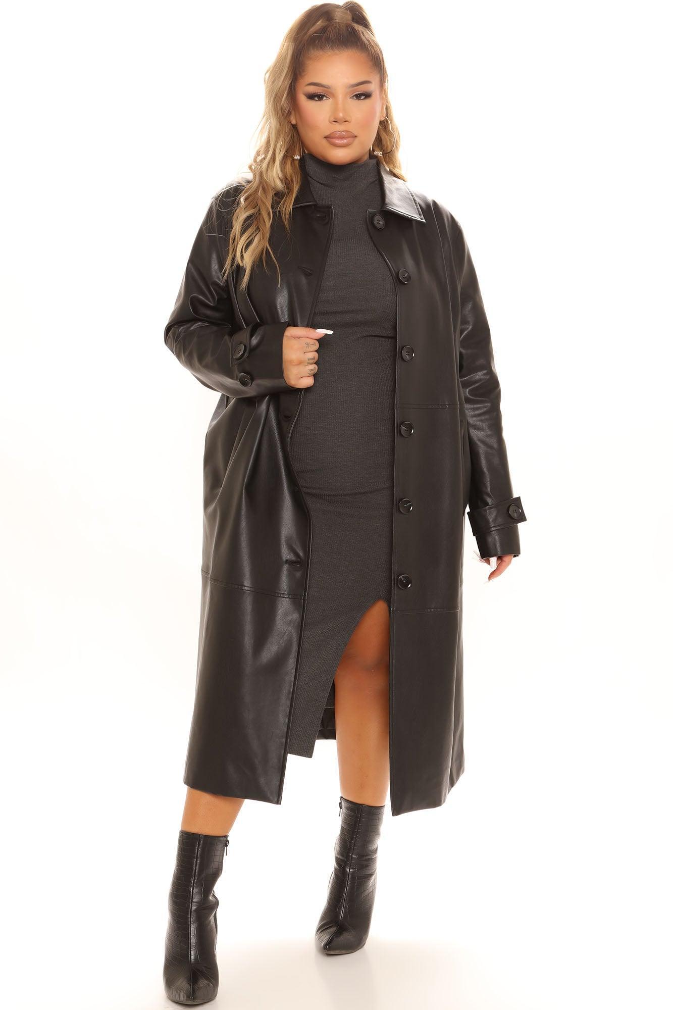 Gimme A Clue Faux Leather Trench Coat - Black Product Image