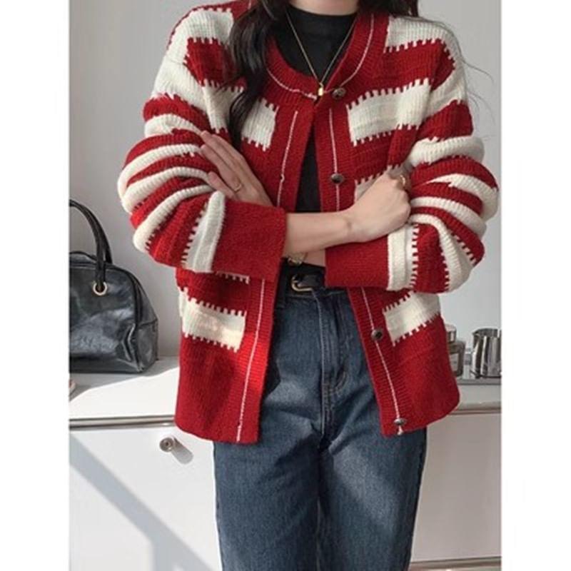 Round Neck Striped Cardigan Product Image