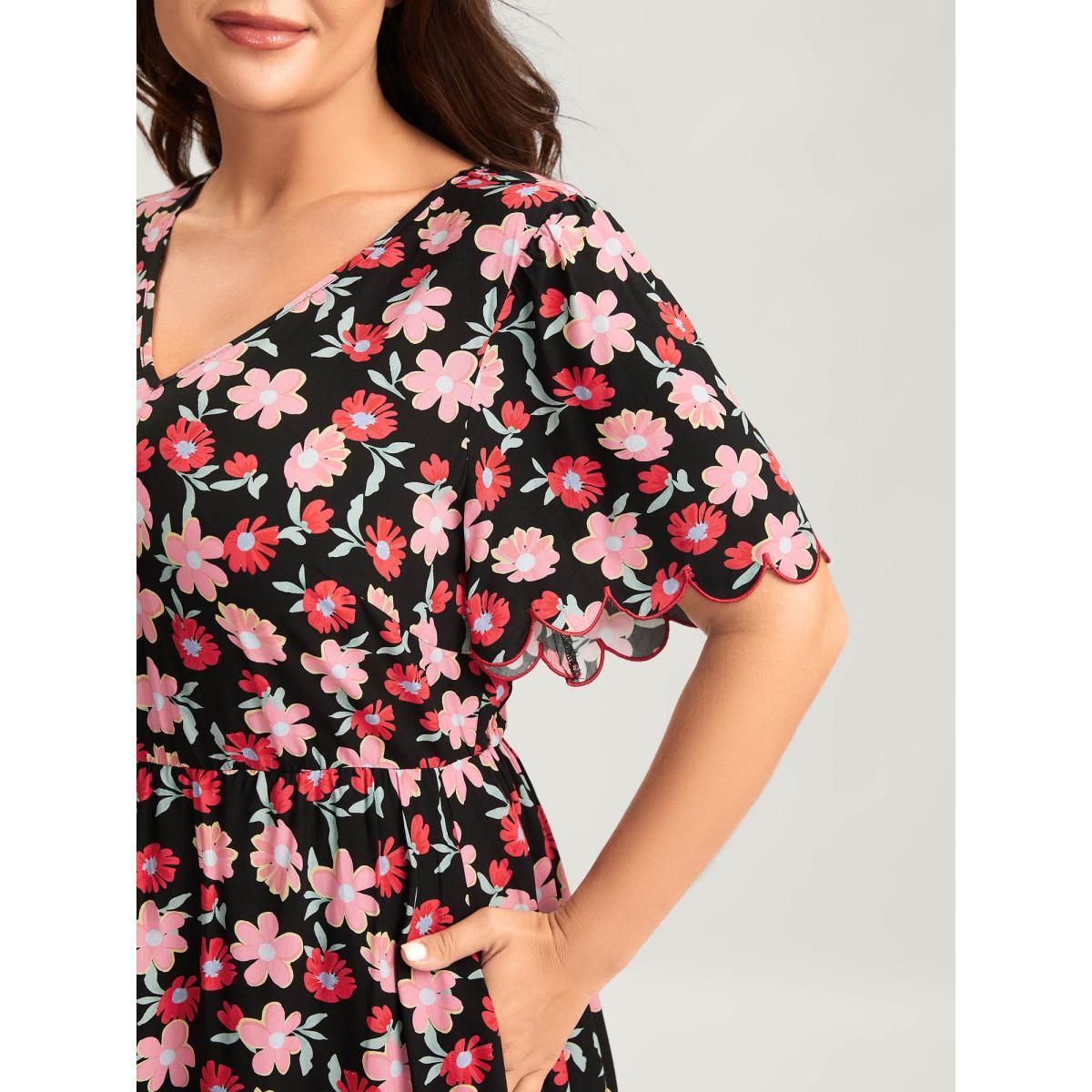 Plus Size Floral Radiance Flared Scalloped Sleeve Midi Dress BlackFlower Women V-neck Short sleeve Curvy BloomChic 28/5X Product Image