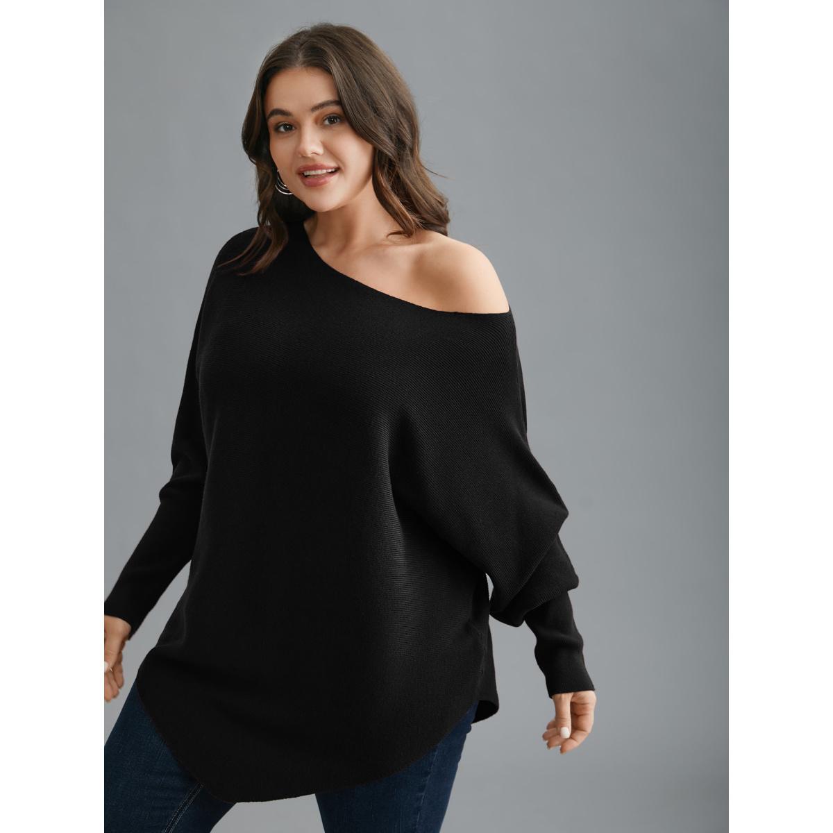 Plus Size Supersoft Essentials Solid Dolman Sleeve Pullover Black Women Casual Loose Long Sleeve Boat Neck Everyday Pullovers BloomChic 14-16/1X Product Image