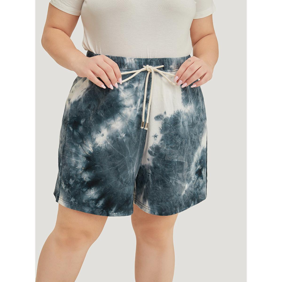 Plus Size Tie Dye Pocket Drawstring Shorts Women SlateGray Casual Drawstring Loose Dailywear Shorts BloomChic 28/5X Product Image