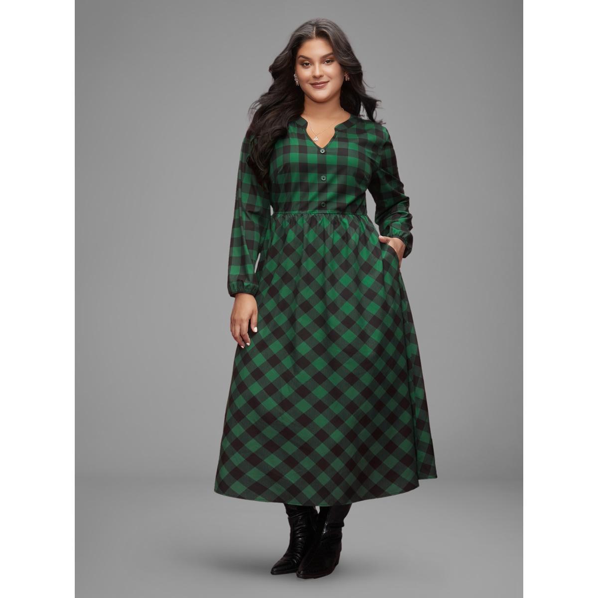 Plus Size Plaid Notched Collar Midi Dress DarkGreen Women Elegant Button Notched collar Long Sleeve Curvy BloomChic 26/4X Product Image