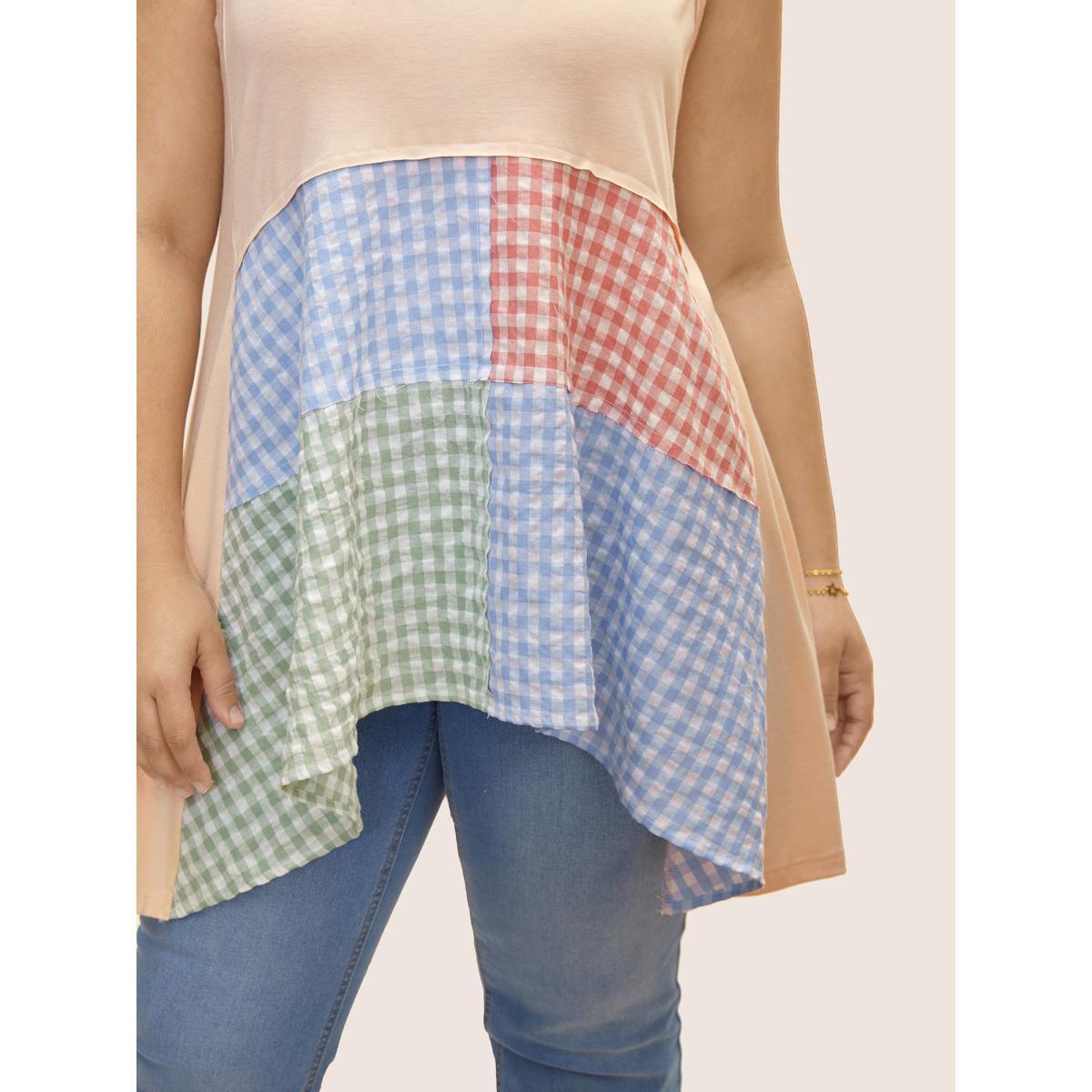 Plus Size Notched Collar Gingham Contrast Patchwork Tank Top Women Apricot Resort Contrast Notched collar Vacation Tank Tops Camis BloomChic 18-20/2X Product Image