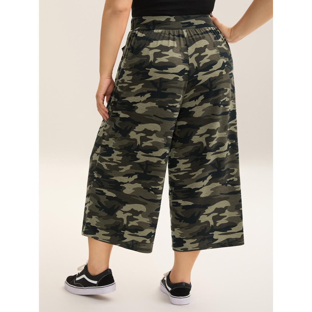 Plus Size Camouflage Print Tie-Waist Wide-Leg Pants Women ArmyGreen Casual Wide Leg Mid Rise Everyday-Casual Pants BloomChic 14-16/1X Product Image