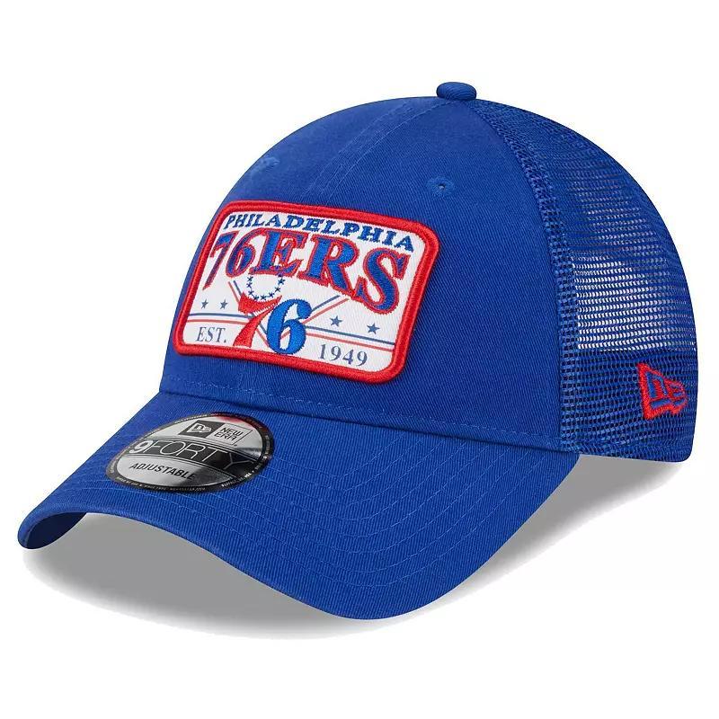 Men's New Era  Royal Philadelphia 76ers Plate Oversized Patch Trucker 9FORTY Adjustable Hat, 76r Blue Product Image