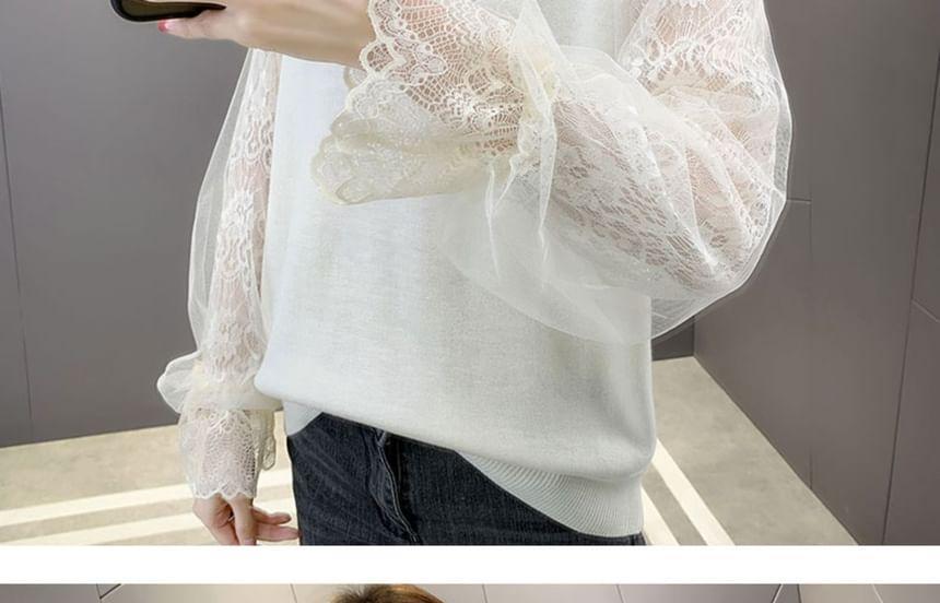 Long-Sleeve Round Neck Lace Panel Knit Top Product Image