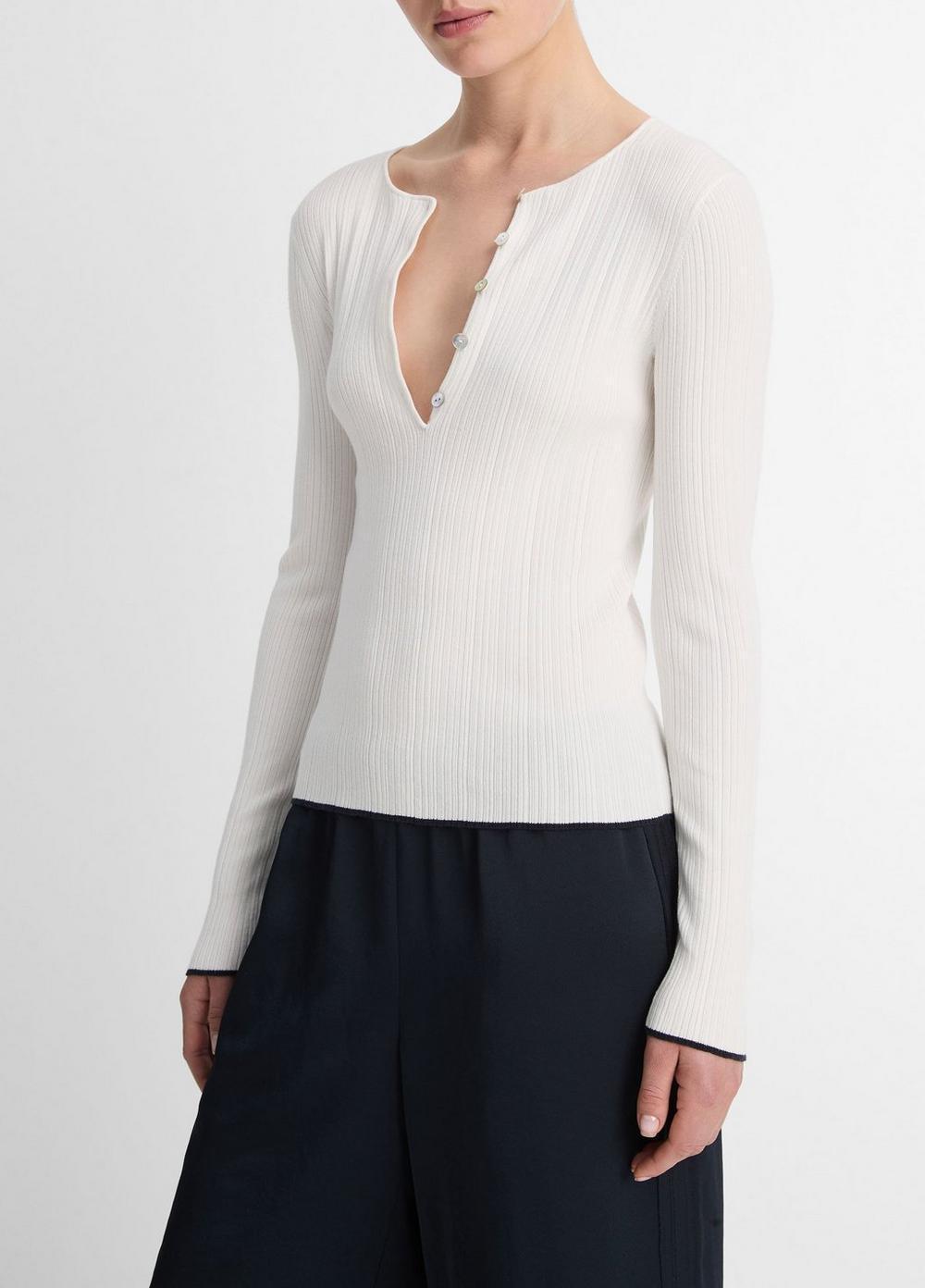 Womens Italian Cotton-Blend Tipped-Edge Henley, Off White/deep Lake, Size M Vince Product Image