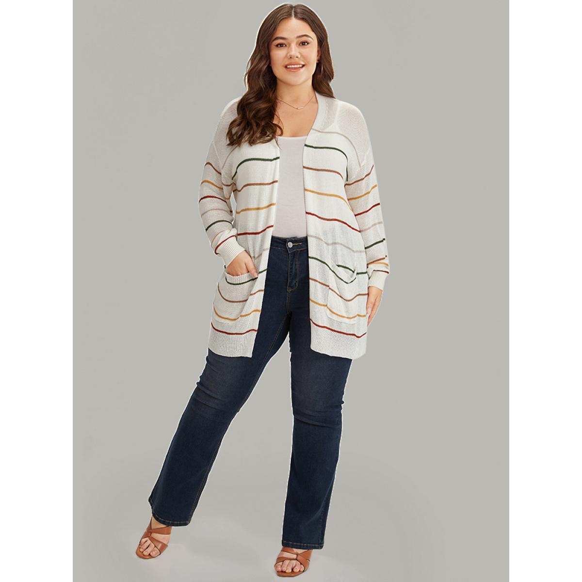 Plus Size UltraCool Rainbow Striped Open Front Pocket Cardigan Ivory Women Casual Loose Long Sleeve Dailywear Cardigans BloomChic 14-16/1X Product Image