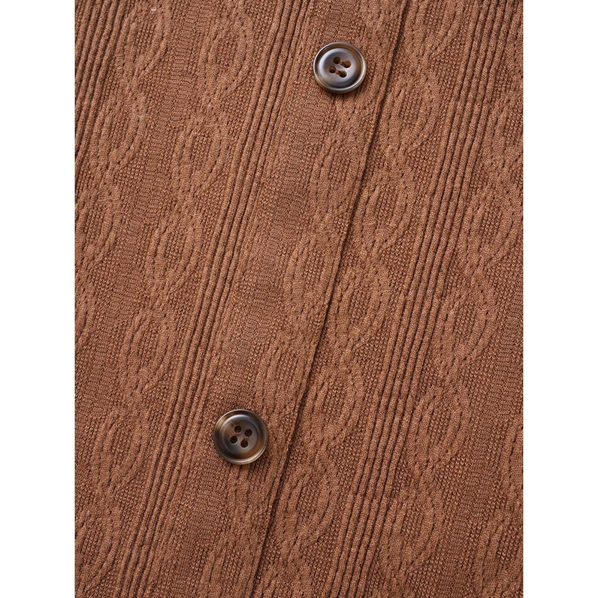 Plus Size Plain Textured Button Detail Midi Dress Yellowishbrown Women Casual Texture V-neck Elbow-length sleeve Curvy BloomChic 28/5X Product Image