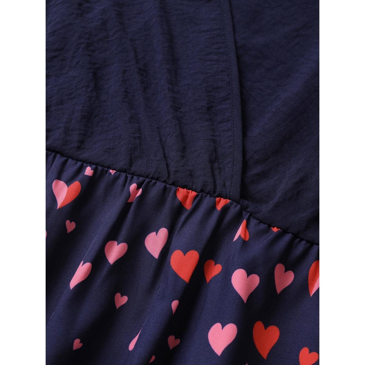 Plus Size Heart Print Patchwork Belted Wrap Dress DarkBlue Women Elegant Wrap Overlap Collar Half Sleeve Curvy Midi Dress BloomChic 22-24/3X Product Image