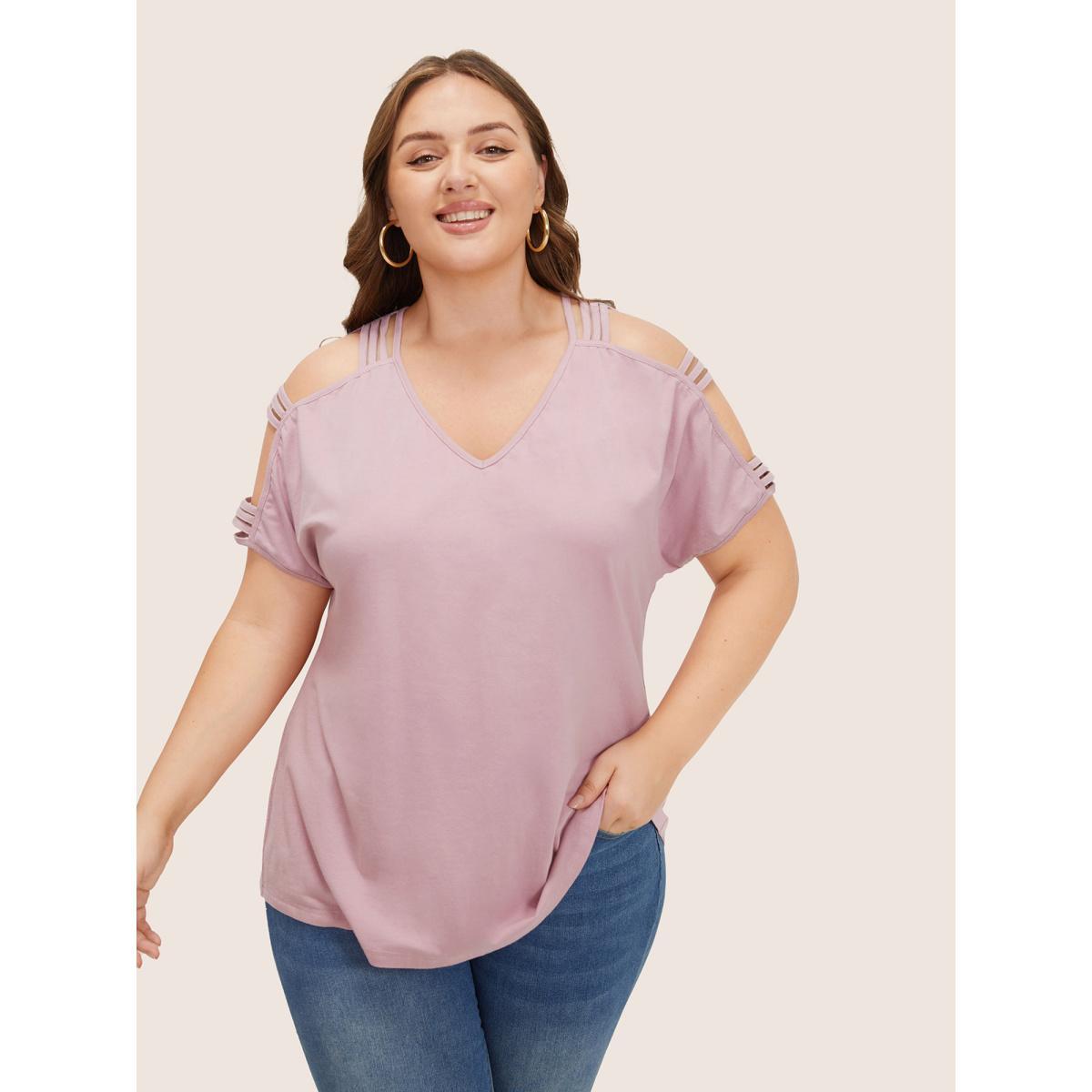 Plus Size Solid Cut Out Batwing Sleeve T-shirt Rouge Women Resort Cut-Out Plain V-neck Vacation T-shirts BloomChic 18-20/2X Product Image