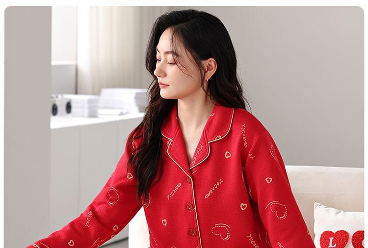 Pajama Set : Long-Sleeve Heart Lettering Shirt + Pants Product Image