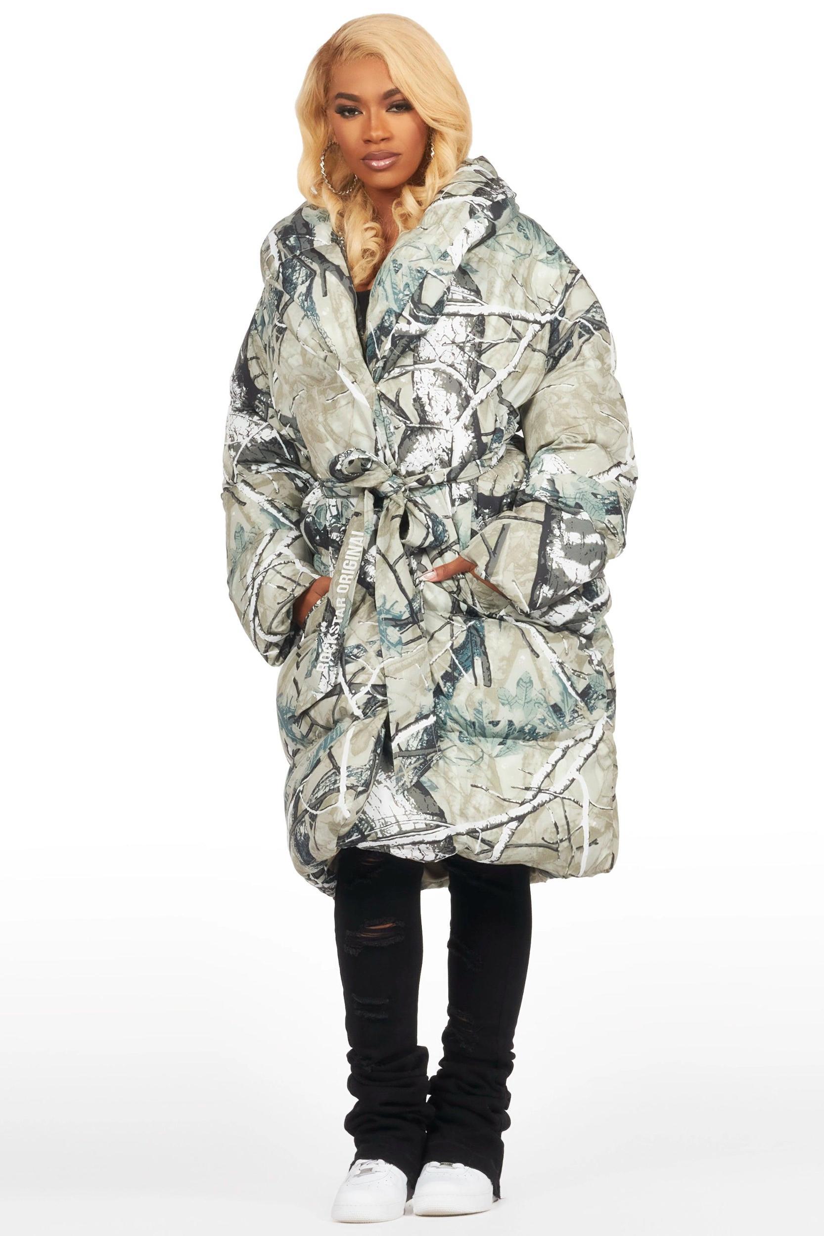 Sehrazat Tree Camo Long Wrap Puffer Jacket Female Product Image