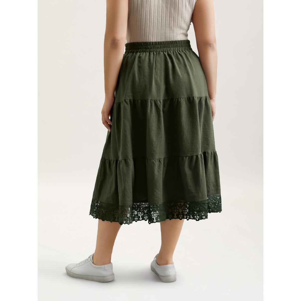 Plus Size Stretchy Waist Lace Tiered Midi Skirt Women ArmyGreen Elegant Gathered No stretch Side seam pocket Everyday Skirts BloomChic 28/5X Product Image