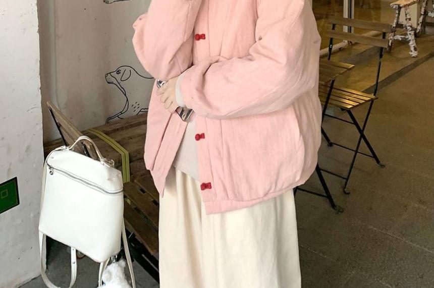 Long-Sleeve Stand Collar Plain Tee / Frog Buttoned Jacket / High Rise Wide Leg Pants Product Image