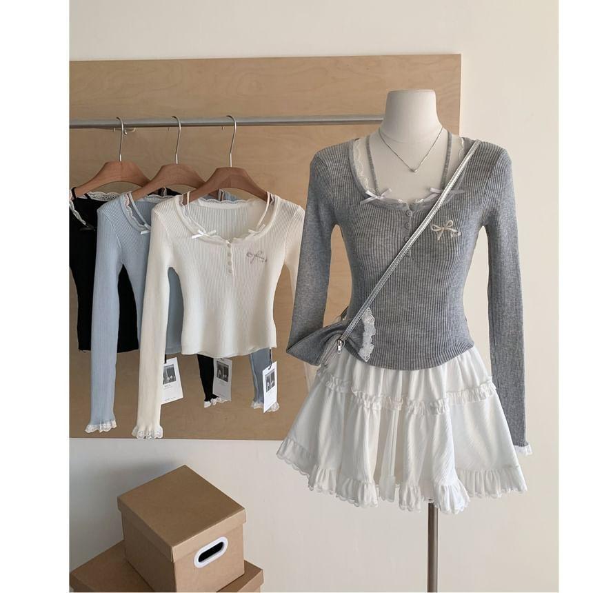 Long Sleeve Scoop Neck Bow Embroidered Lace Trim Ribbed Knit Top Product Image
