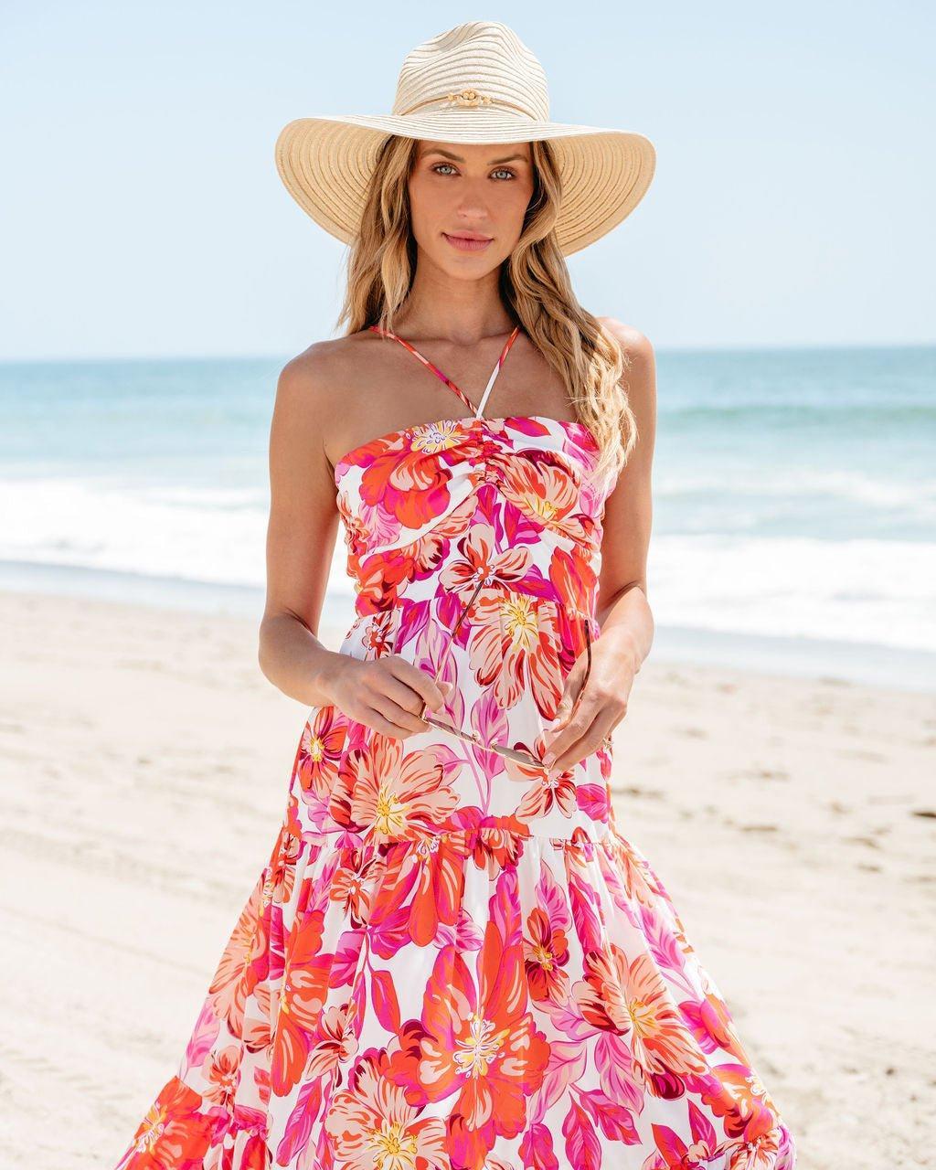 Orange Floral Print Halter Maxi Dress - FINAL SALE Product Image